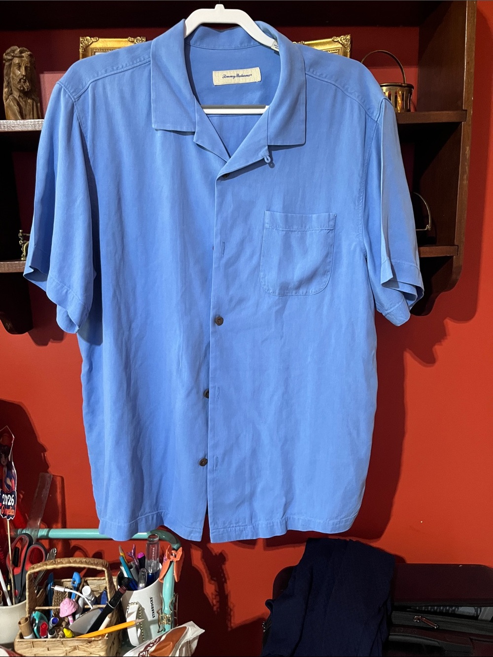 Tommy Bahama 100% Silk Camp Shirt XL Blue Short Sleeve Button Front Casual